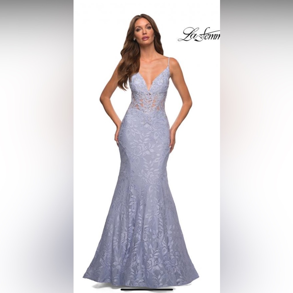 La Femme Lavender Lace Prom Dress